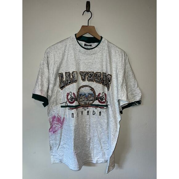 Vintage Las Vegas Gray Shirt NV Nevada Graphic Tee VTG 1990s 90s Large Stained - Picture 1 of 14
